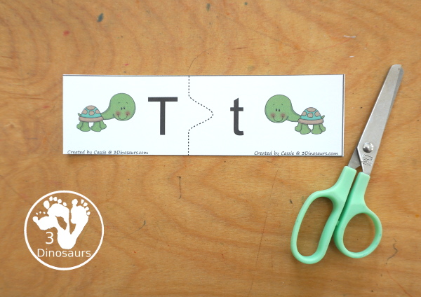 Free ABC Puzzles 2 Piece Printables- You have 26 puzzles to use with kids with all the letters from the alphabet. A great printable for kids in prek and kindergarten. 3Dinosaurs.com