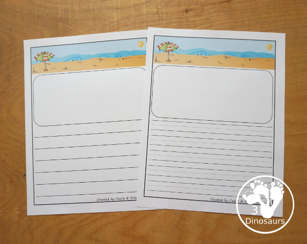 Free Beach Writing Paper - two styles of writing lines with single lines and guideline. You have a page with area for drawing and a page with just the lines to help with writing during the summer. - 3Dinosaurs.com