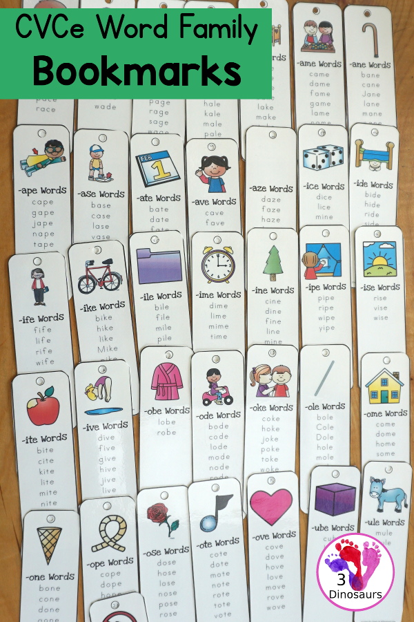 CVCe Word Family Bookmark Printables with 48 word family bookmarks with a picture of the word ending and then a list of the words.  3Dinosaurs.com