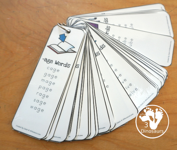 CVCe Word Family Bookmark Printables with 48 word family bookmarks with a picture of the word ending and then a list of the words. 3Dinosaurs.com