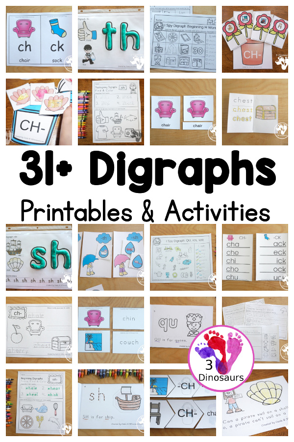 31+ Consonant Digraph Printables & Activities - a fun collection of printables with wall cards, hands-on activities, easy reader books, puzzles and more all to help to learn the consonant digraphs. - 3Dinosaurs.com