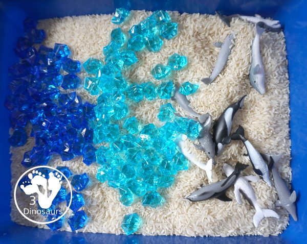 Dolphin and Whale Sensory Bin for kids - a simple sensory bin you can do for an ocean theme with kids. A great preschool and kindergarten age sensory bin for kids - 3Dinosaurs.com