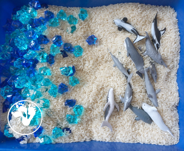 Dolphin and Whale Sensory Bin for kids - a simple sensory bin you can do for an ocean theme with kids. A great preschool and kindergarten age sensory bin for kids - 3Dinosaurs.com