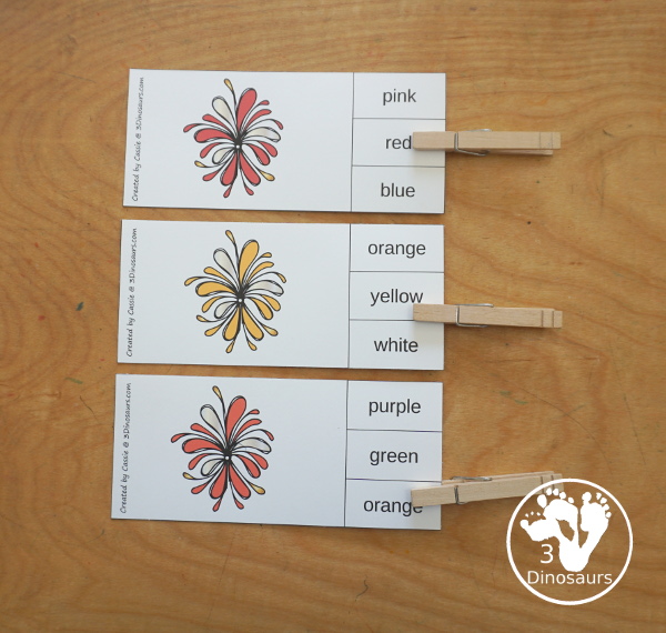 Firework Color Pack - with 74 pages of printables with color easy reader book, color clip cards, color tracing strips, color writing strips, color pocket chart cards, color word writing, color word puzzles, playdough mat, and more all to work on learning color words. This is a great Firework theme - 3Dinosaurs.com