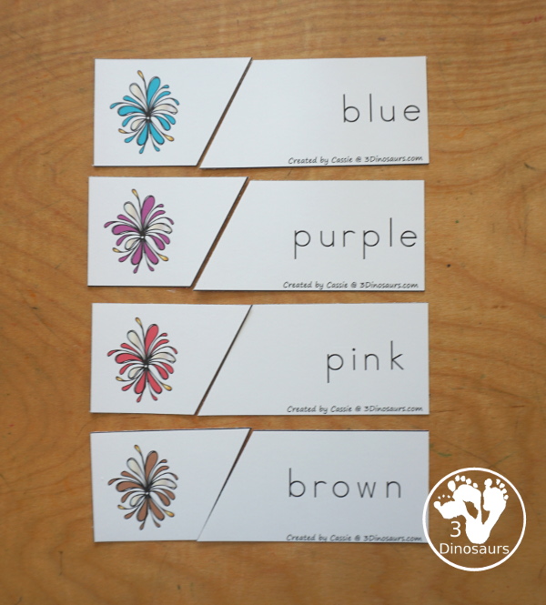 Firework Color Pack - with 74 pages of printables with color easy reader book, color clip cards, color tracing strips, color writing strips, color pocket chart cards, color word writing, color word puzzles, playdough mat, and more all to work on learning color words. This is a great Firework theme - 3Dinosaurs.com