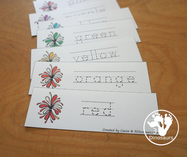 Firework Color Pack - with 74 pages of printables with color easy reader book, color clip cards, color tracing strips, color writing strips, color pocket chart cards, color word writing, color word puzzles, playdough mat, and more all to work on learning color words. This is a great Firework theme - 3Dinosaurs.com