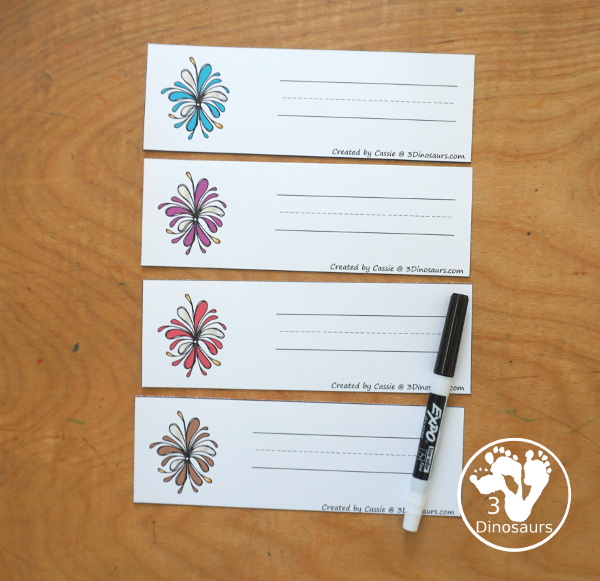 Firework Color Pack - with 74 pages of printables with color easy reader book, color clip cards, color tracing strips, color writing strips, color pocket chart cards, color word writing, color word puzzles, playdough mat, and more all to work on learning color words. This is a great Firework theme - 3Dinosaurs.com