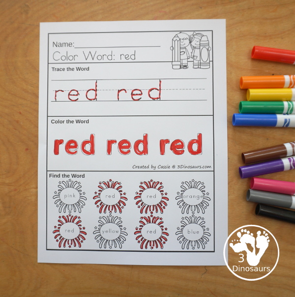 Firework Color Pack - with 74 pages of printables with color easy reader book, color clip cards, color tracing strips, color writing strips, color pocket chart cards, color word writing, color word puzzles, playdough mat, and more all to work on learning color words. This is a great Firework theme - 3Dinosaurs.com