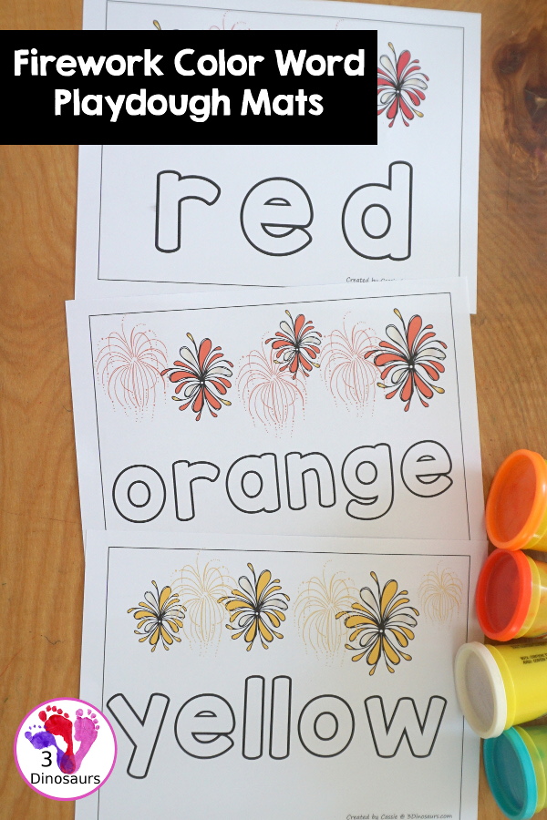  Free Firework Color Word Playdough Mat Printables - fireworks in a single color with color word below. A fun theme color word playdough mat for kids.- 3Dinosaurs.com