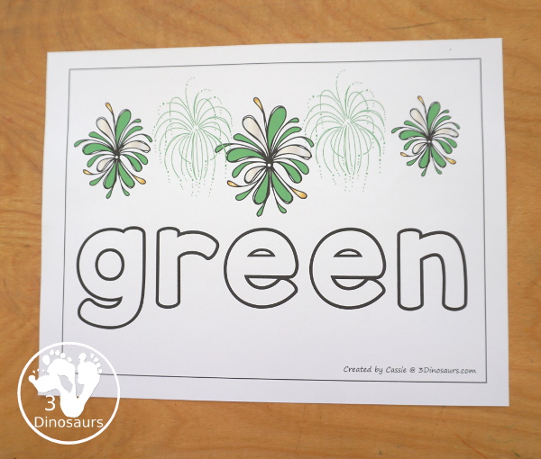  Free Firework Color Word Playdough Mat Printables - fireworks in a single color with color word below. A fun theme color word playdough mat for kids.- 3Dinosaurs.com