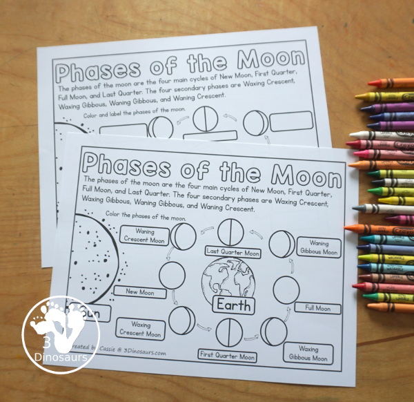 Free Phases of the Moon Coloring Page Printables - you have information at the top about the different phases of the moon. You have the Sun, Earth and 8 phases of the moon for kids to color. You can work on learning these phases in this simple coloring page. And it has Northern and Southern Hemisphere options - 3Dinosaurs.com