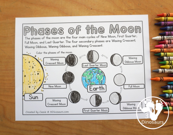 Free Phases of the Moon Coloring Page Printables - you have information at the top about the different phases of the moon. You have the Sun, Earth and 8 phases of the moon for kids to color. You can work on learning these phases in this simple coloring page. And it has Northern and Southern Hemisphere options - 3Dinosaurs.com