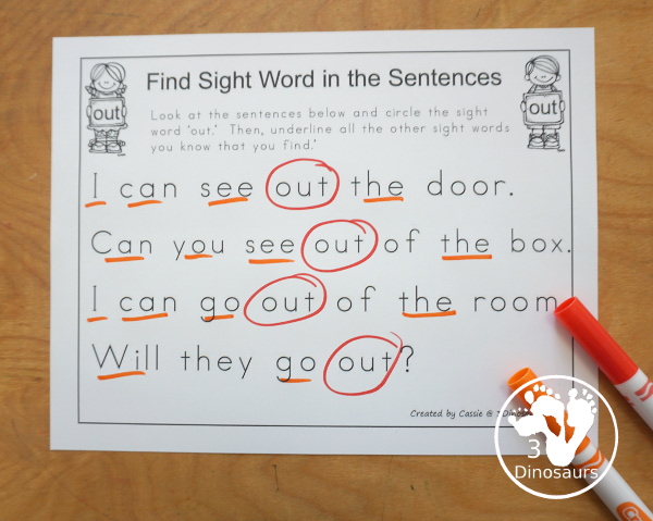 Free Romping & Roaring Primer Sight Words: On, Our, Out, Please - you have 6 pages for each sight word that work on learning the sight word in different ways with reading, writing, and finding. 3Dinosaurs.com