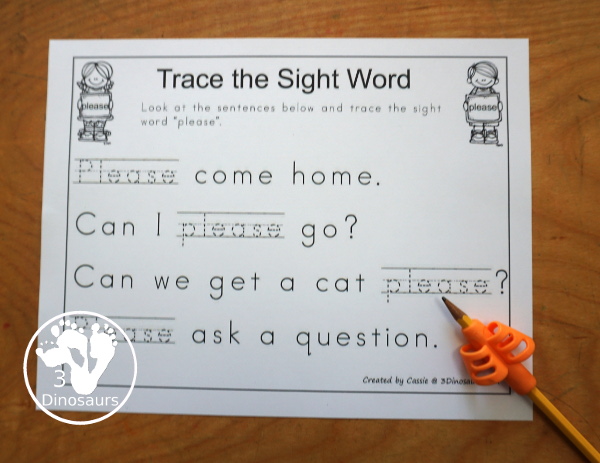 Free Romping & Roaring Primer Sight Words: On, Our, Out, Please - you have 6 pages for each sight word that work on learning the sight word in different ways with reading, writing, and finding. 3Dinosaurs.com