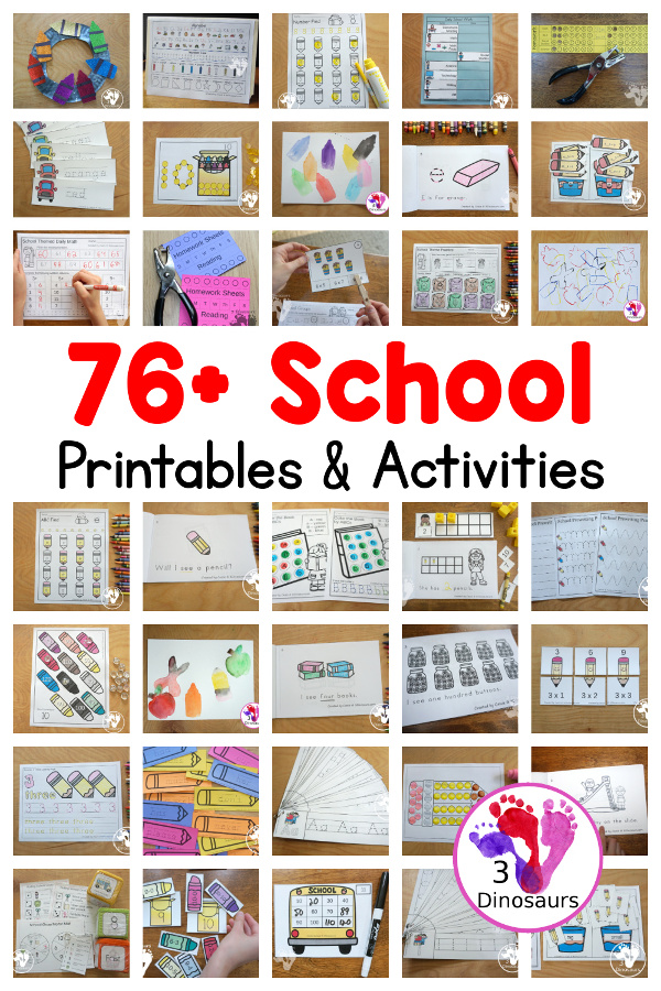 76+ School Themed Printables & Articles - a fun collection of printables, activities and articles that include school printable packs, school ABCs, school numbers, school math and more school activities- 3Dinosaurs.com