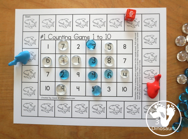 Free Shark Number Counting Game Printables - you have two number games that work on numbers from 1 to 10. You have a shark number word game and a shark numerical number game. Both fun ways to work on counting and numbers with a fun shark theme. - 3Dinosaurs.com