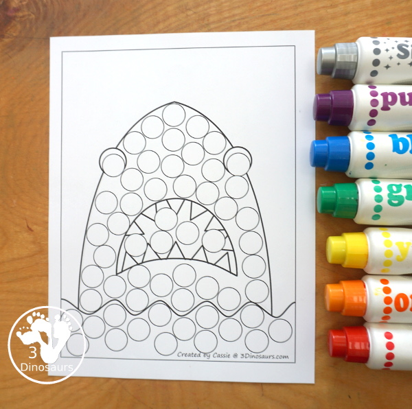 Free Shark Fine Motor Mats - You have 4 fine motor mats to use with kids for shark week. You have a shark template, a shark tracing page, a shark q-tip page, and a shark dot marker page. A great preschool, prek, and kindergarten fine motor work. 3Dinosaurs.com
