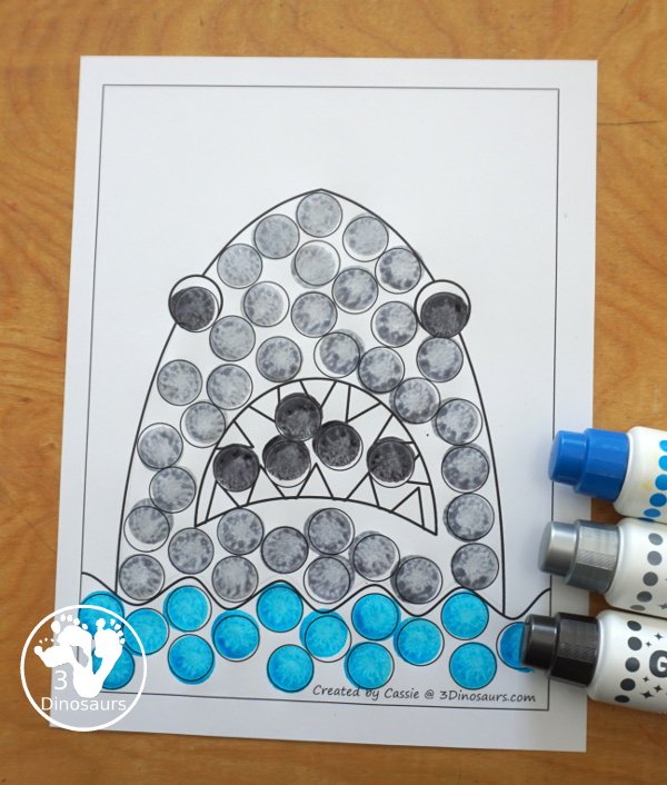 Free Shark Fine Motor Mats - You have 4 fine motor mats to use with kids for shark week. You have a shark template, a shark tracing page, a shark q-tip page, and a shark dot marker page. A great preschool, prek, and kindergarten fine motor work. 3Dinosaurs.com