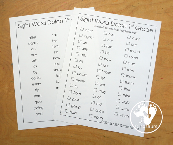 Free Sight Words Dolch Lists- two list types for each sight word list in the Dolch Sight Word lists. You have Pre-Primer, Primer, First Grade, Second Grade, Third Grade, and Noun Word lists. - 3Dinosaurs.com