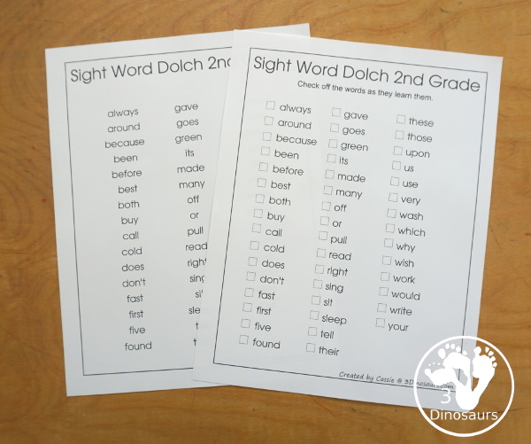 Free Sight Words Dolch Lists- two list types for each sight word list in the Dolch Sight Word lists. You have Pre-Primer, Primer, First Grade, Second Grade, Third Grade, and Noun Word lists. - 3Dinosaurs.com