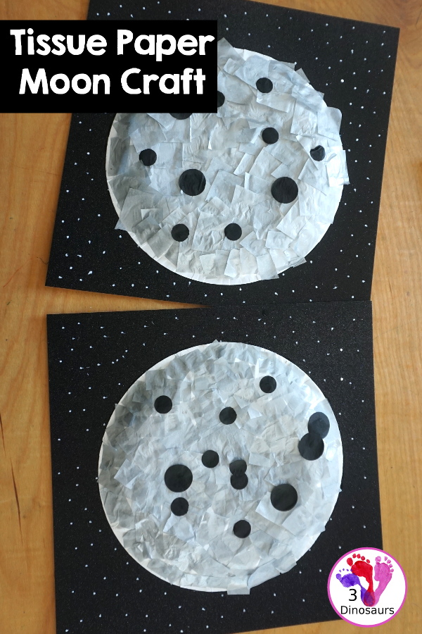 Tissue Paper Moon Paper Plate Craft - a fun tissue paper craft that kids can make for a moon theme. A fun way to make a moon with kids for Moon Day in July or any Moon theme. They will enjoy it. 3Dinosaurs.com