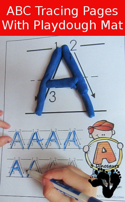 Free ABC Uppercase Letter Tracing Pages with Playdough Mats - with playdough mat letter with showing the tracing and then two trace options for the letters - 3Dinosaurs.com