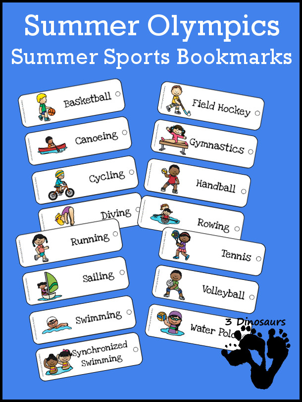 Free Summer Sports Bookmarks - 4 pages of bookmarks with 15 summer sport themes - 3Dinosaurs.com