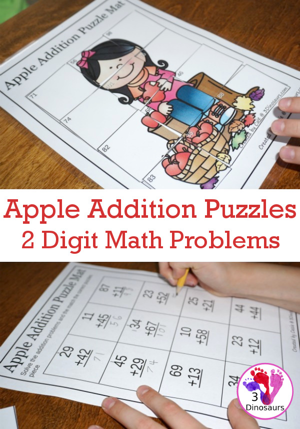 Free Apple Themed Double Digit Addition Puzzles - fun way to make math a hands-on activity - 3Dinosaurs.com