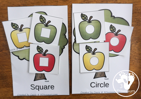 FREE Fun Hands-On Apple Shape Sorting Printable - circle, square, rectangle, and triangle. A great shape center for kids in preschool, prek and kindergarten - 3Dinosaurs.com