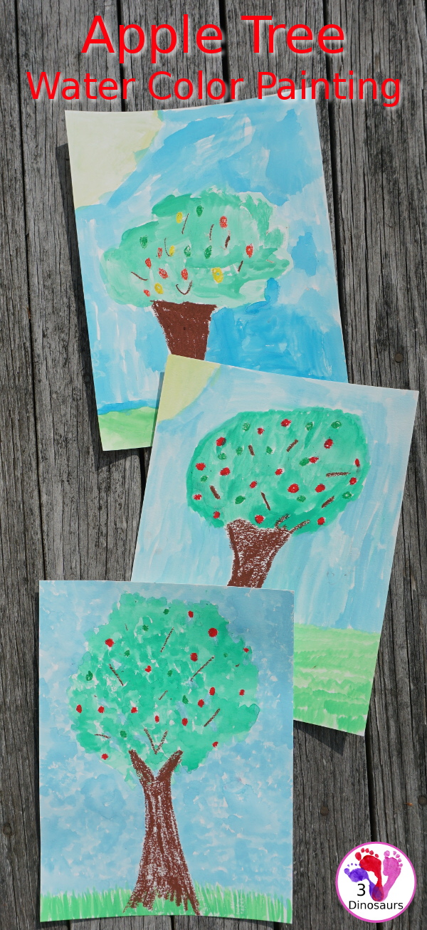 Fun Apple Trees: Watercolor and Oil Pastels - easy to do watercolor painting activity for kids of different ages - 3Dinosaurs.com