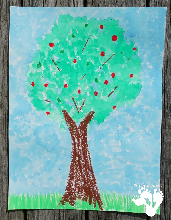 Fun Apple Trees: Watercolor and Oil Pastels - easy to do watercolor painting activity for kids of different ages - 3Dinosaurs.com
