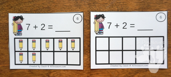 Free Pencil Ten Frame Addition Cards - 12 cards with recording sheet with two styles of cards - 3Dinosaurs.com