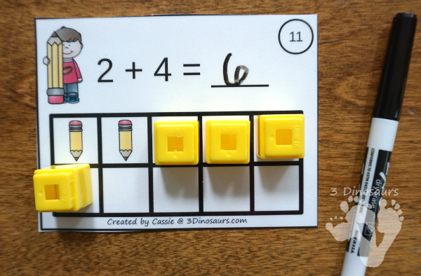 Free Pencil Ten Frame Addition Cards - 12 cards with recording sheet with two styles of cards - 3Dinosaurs.com