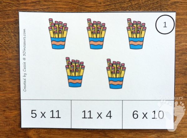 Free Pencil Groups Multiplication Clip Cards - 12 clip cards with matching worksheet - 3Dinosaurs.com #clipcards #freeprintable #multiplication #backtoschool