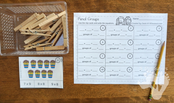 Free Pencil Groups Multiplication Clip Cards - 12 clip cards with matching worksheet - 3Dinosaurs.com #clipcards #freeprintable #multiplication #backtoschool