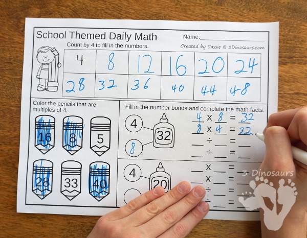 No Prep School Themed Addition & Subtraction and Multiplication & Division - 30 pages no-prep printables with a mix of addition and subtraction or multiplication and division activities plus a math center activities - 3Dinosaurs.com #noprepmath #tpt #addition #subtraction #multiplication #division #backtoschool