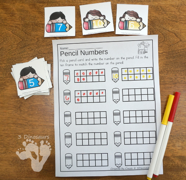 School Themed Ten Frame Printables: No-Prep & Hands-On - 168 pages of printables working on ten frame activities for numbers 1 to 20 with hands-on and no-prep: cards, worksheets and easy reader books - 3Dinosaurs.com #handsonmath #teacherspayteachers #tenframe #schoolprintablesforkids #printablesforkids