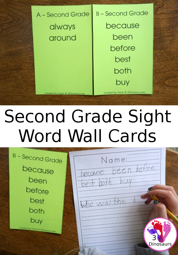 Free Dolch Sight Word Second Grade Wall Cards - word sorted by letter - 3Dinosaurs.com