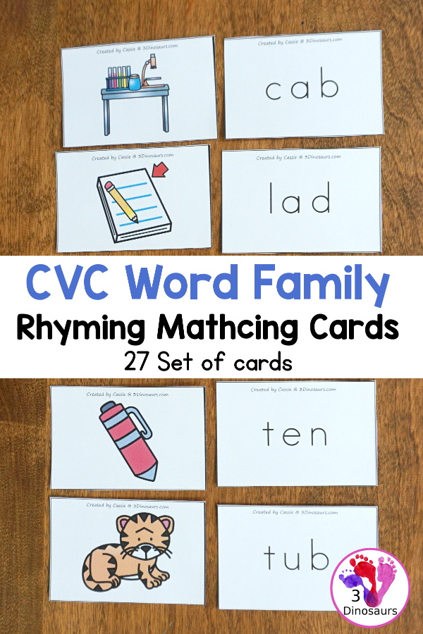 Free CVC Rhyming Matching Cards - 27 sets of cards for matching picture and rhyming word - easy ways to work on rhyming ending sounds for CVC words with a mix of short a, short i short o, and short u words - 3Dinosaurs.com
