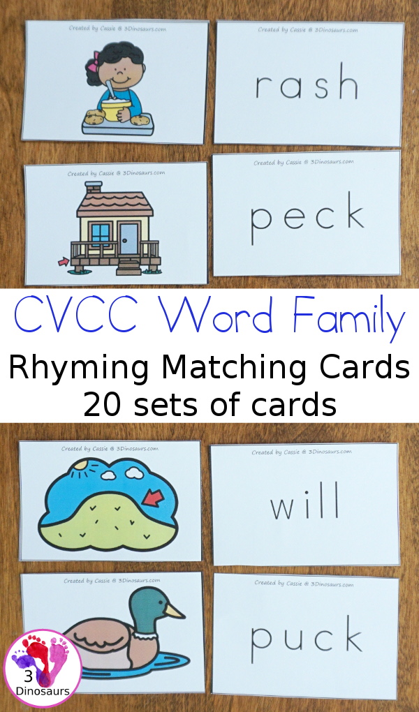 Free CVCC Word Family Rhyming Matching Cards - 20 sets of cards for matching picture and rhyming word - 3Dinosaurs.com