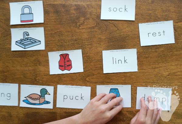 Free CVCC Word Family Rhyming Matching Cards - 20 sets of cards for matching picture and rhyming word - 3Dinosaurs.com