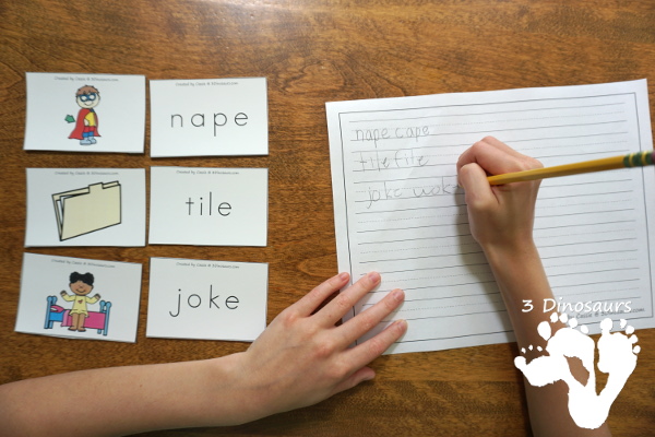 Free CVCe Word Family Matching Cards - 32 sets of cards for matching picture and rhyming word plus see ways to use them - 3Dinosaurs.com