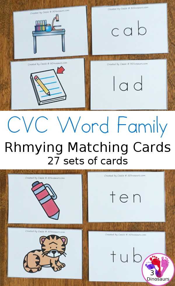 Free CVC Rhyming Matching Cards - 27 sets of cards for matching picture and rhyming word - 3Dinosaurs.com