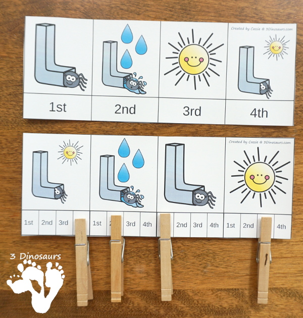 Free Sequencing Mini: Itsy Bitsy Spider - with clip cards, 3 part cards, cut & paste and writing worksheet - 3Dinosaurs.com #freeprintable #sequencingforkids #3dinosaurs