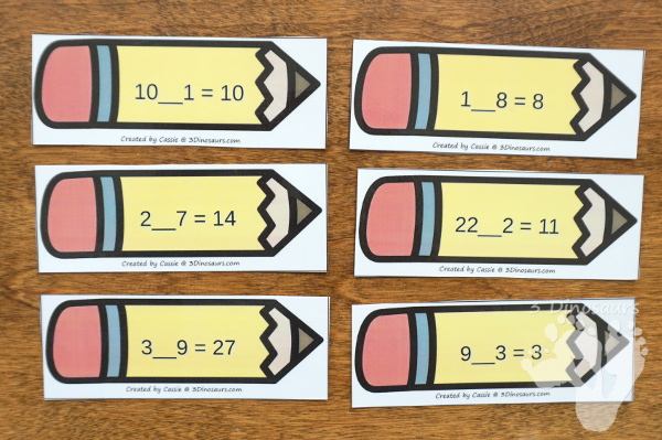 Free Pencil Themed Multiplication & Division Sorting - work on multiplication 1 to 12 with one multiplication and one division for each number with sorting mat and recording sheets for the 2 sets of pencils - 3Dinosaurs.com