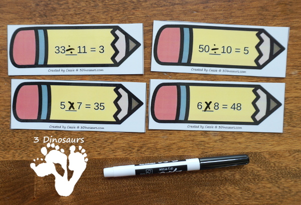 Free Pencil Themed Multiplication & Division Sorting - work on multiplication 1 to 12 with one multiplication and one division for each number with sorting mat and recording sheets for the 2 sets of pencils - 3Dinosaurs.com