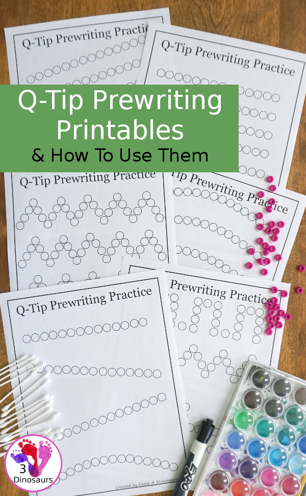 Free Q-Tip Prewriting Printables - 10 pages of fine motor work for kids to work on prewriting with q-tip - 3Dinosaurs.com