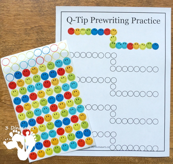 Free Q-Tip Prewriting Printables - 10 pages of fine motor work for kids to work on prewriting with q-tip - 3Dinosaurs.com