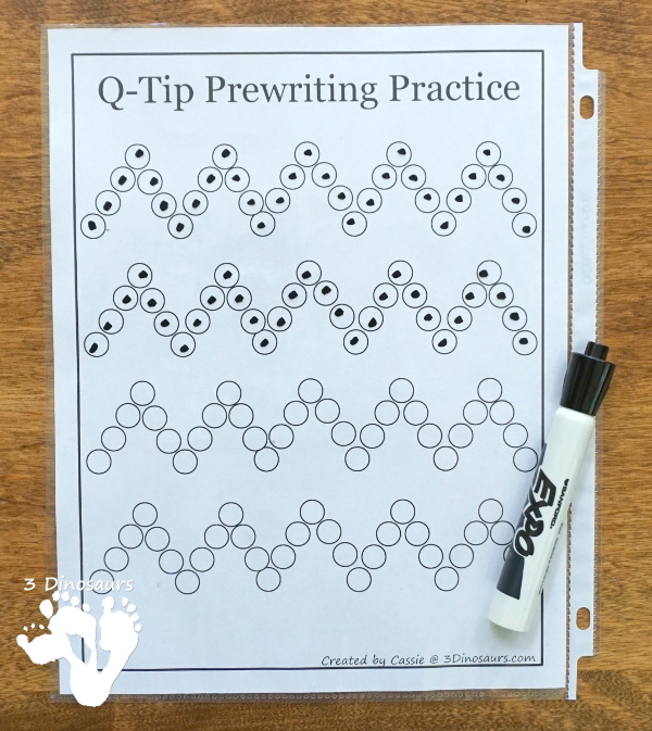 Free Q-Tip Prewriting Printables  - 10 pages of fine motor work for kids to work on prewriting with q-tip - 3Dinosaurs.com