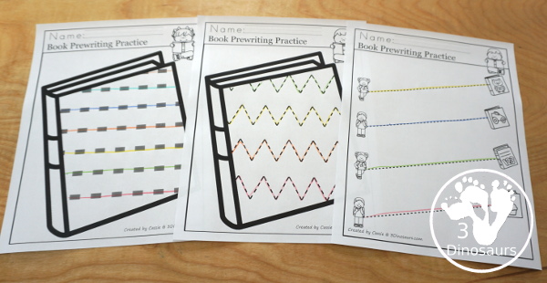 Book Activity Pack: Prewriting - with prewriting lines in books with two types of lines and prewriting page with getting kids to books.  - 3Dinosaurs.com